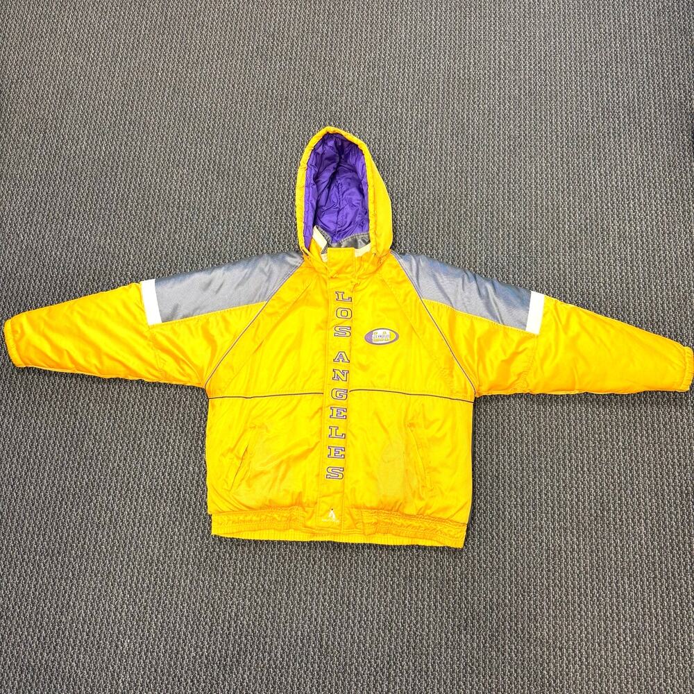 Vintage Maxx Mens Los Angeles Lakers Hooded Puffer Jacket Yellow Purple Size XL